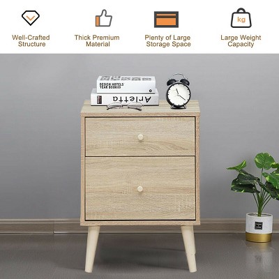 Oak Finish 2-Drawer Nightstand with Rubber Wood Legs