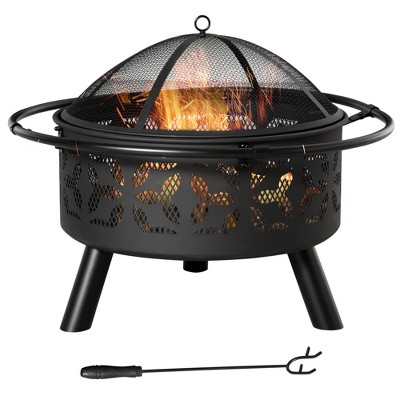 Outsunny 31" Outdoor Fire Pit, Portable Steel Wood Burning Bowl, Handle Ring, Poker, Spark Screen Lid for Patio, Backyard, Bonfire, Campfire, Black