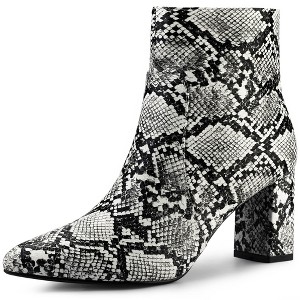 Allegra K Women's Pointed Toe Snake Print Side Zipper Chunky Heel Ankle Boots - 1 of 4
