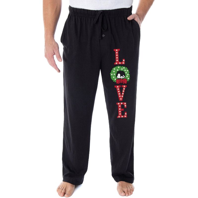 Peanuts Snoopy Pajama Pants LOVE Christmas Wreath Loungewear Sleep Pants Black, 1 of 4