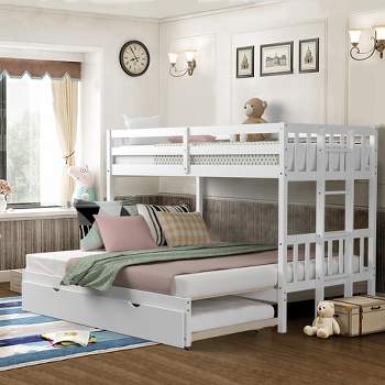 Costway Twin Over Twin Pull-Out Bunk Bed with Trundle Wooden Ladder White\Espresso
