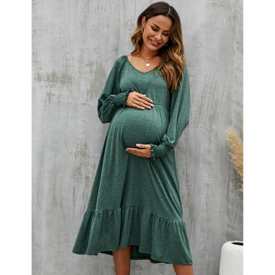 Maternity Dress V Neck Long Sleeve Dress Ruffle Baby Shower Midi Dress Photoshoot
