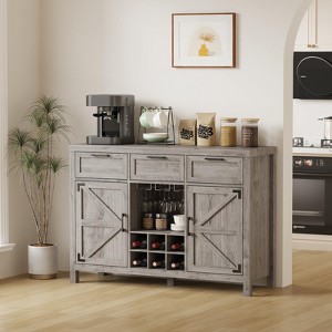 Wine Bar Cabinet, Coffee Bar Cabinet with Wine Rack & Glass Holder, Farmhouse Sideboard Buffet Cabinet with 3 Drawers & 2 Barn Doors - 1 of 4