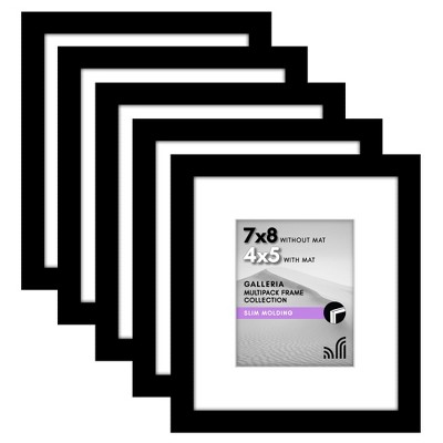 Americanflat 7x8 Picture Frame with Polished Plexiglass - Set of 5 - 4x5 with Mat or 7x8 Without Mat - Galleria - Picture Frames - Black
