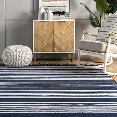 Blue Striped Cotton Reversible 5' x 8' Area Rug