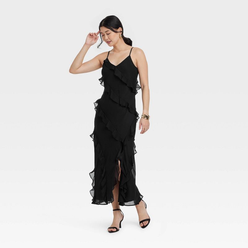 Women's Ruffle Maxi Slip Dress - A New Day™ Black M: Pullover, Deep V Neck, Spaghetti Straps