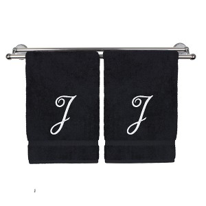 BC BARE COTTON Monogrammed Hand Towel, 100% Turkish Cotton - Set of 2 - Black - White Script - 1 of 4