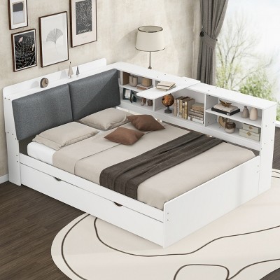 1 Full Bed Frame with Storage, White Solid Wood Platform with Trundle and Shelves for Bedroom Organization - Baofuwish