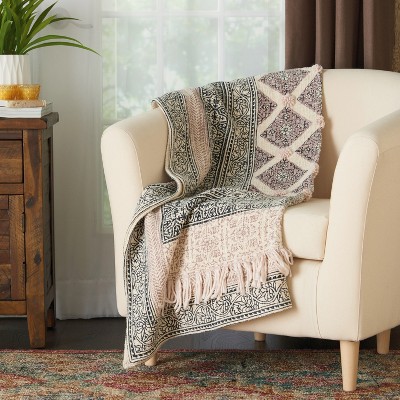 60"x50" Bohemian Embellished Stonewash Throw Blanket Natural - Mina Victory