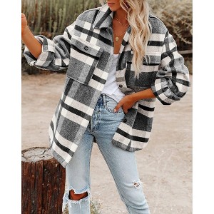 Women's Plaid Flannel Shirt Jacket, Button-Front Fleece Shacket with Chest Pockets - 1 of 4