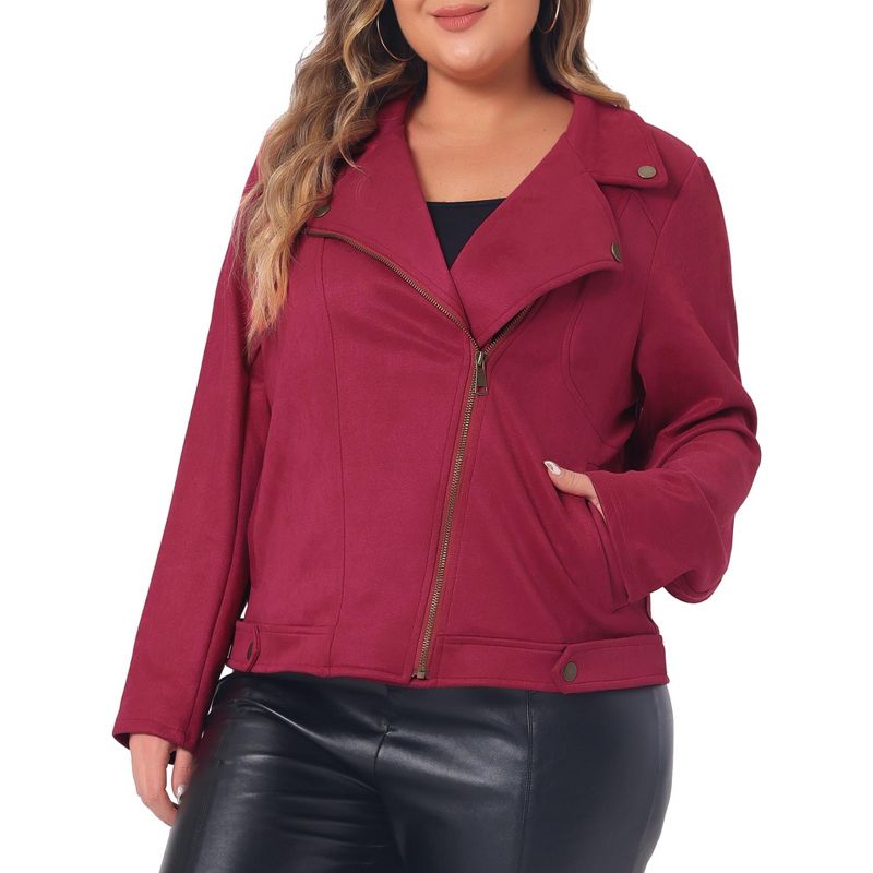 Agnes Orinda Women's Plus Size Faux Suede Lapel Collar Long Sleeve Zipper Moto Jacket, 2 of 6