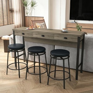 Resenkos Kitchen Bar Table Set,Bar Table Set,3-Drawer Long Dining Table Set with Power Outlets and Circular PU Stools,Brown Gray Table+Black Stool - 1 of 4