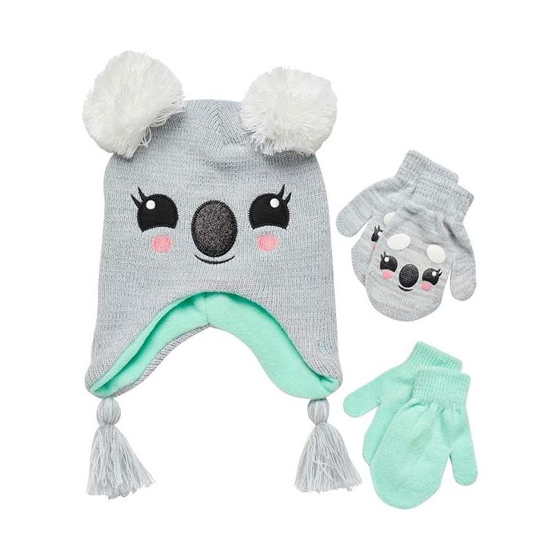 Girls Critter Koala Winter Hat and 2 Pair Gloves or Mittens (Toddler/Little Girls), 1 of 5