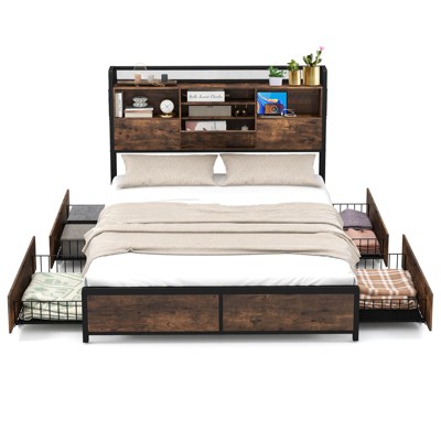 Infans Queen Size Bed Frame with Bookcase Headboard and 4 Storage Drawers Vintage Brown