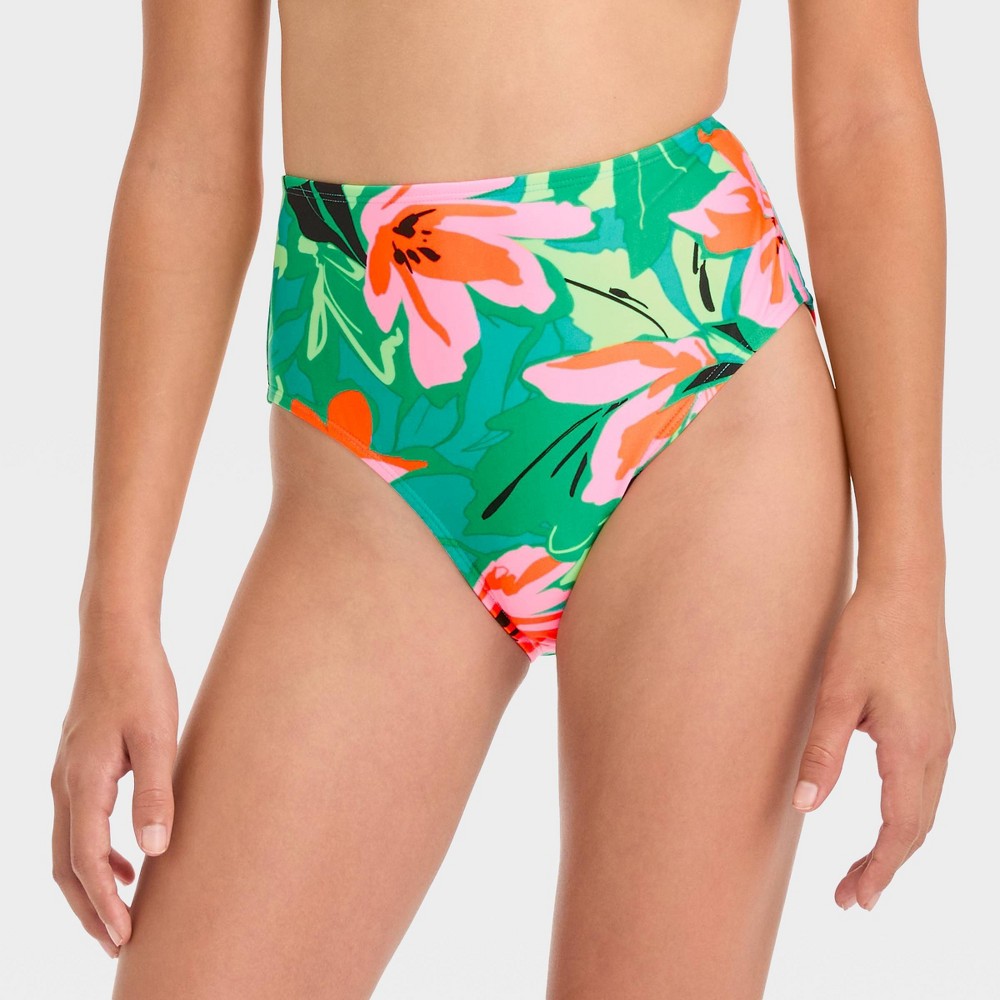 Photos - Swimwear Girls' 'Sun Beams' Tropical High Waist Bikini Swim Bottom - art class™ Gre