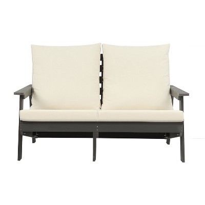 DOMETOUR Loveseat with Cushion, Wood Grain Outdoor Garden Sofa, Sofa Set for Porch, Poolside, Terrace, and Yard Grey/Beige