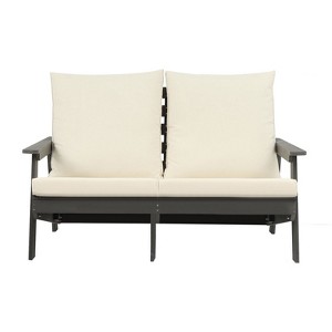 DOMETOUR Loveseat with Cushion, Wood Grain Outdoor Garden Sofa, Sofa Set for Porch, Poolside, Terrace, and Yard Grey/Beige - 1 of 4