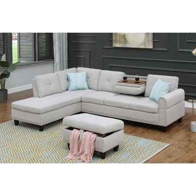 MYINDA Sectional Couches for Living Room, 98'' Modular Sectional Sofa with Ottoman and 2 Cup Holders, Light Gray