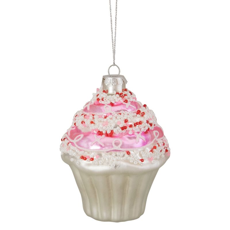 Northlight 4" Pink and White Cupcake with Sprinkles Glass Christmas Ornament, 1 of 5
