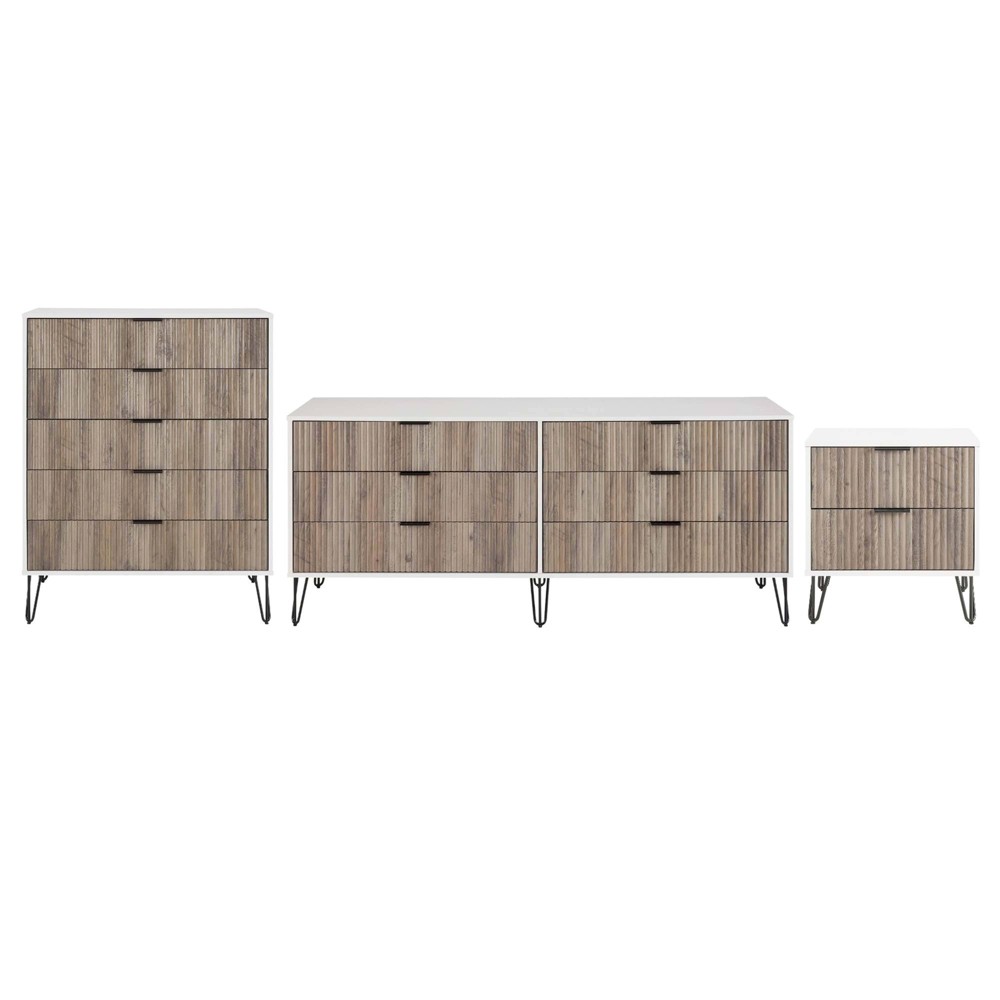 Manhattan Comfort Dumbo 3pc 5 Drawer Dresser, 6 Drawer Dresser and Nightstand Set White/Gray