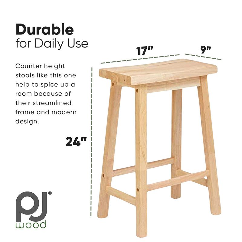PJ Wood Classic Modern Solid Wood 24 Inch Tall Backless Saddle-Seat Easy Assemble Counter Stool for All Occasions, Natural (1 Piece), 3 of 7