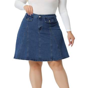 Agnes Orinda Women's Plus Size Denim Casual A-line Jean Buttons Decor Faux Pockets Mini Skirts