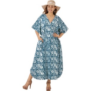 HAPPY BAY Women's Summer Batik Caftan Long Loungewear Dashiki House Dress with Pockets Sleepwear for Women Nightgown 1X-2X Blue, Floral - 1 of 4