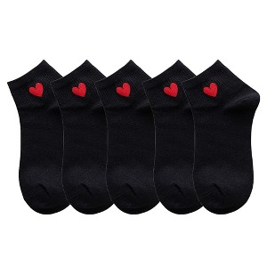 Anna-Kaci Women's 5-Pair Ankle Socks with Ribbed Cuff and Embroidered Heart Accent for Comfort and Style - 1 of 3
