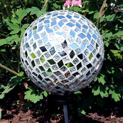Silver Mirrored Diamond Mosaic Glass Garden Gazing Globe, 10-inch