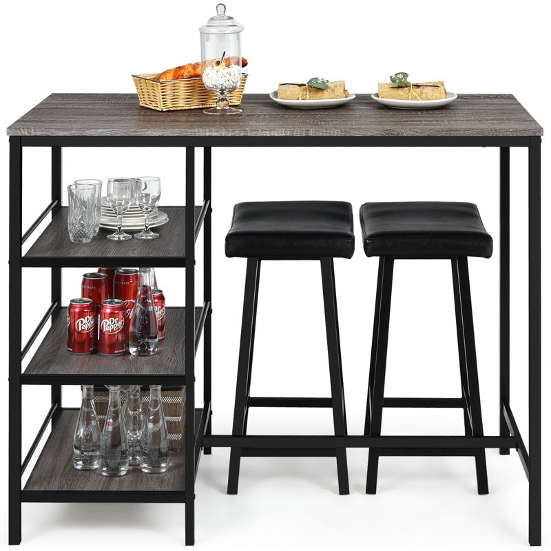 Tangkula 3PC Dining Table Set Pub Bar Table Set 3 Tier Storage Shelves with 2 Pub Stools Upholstered, 5 of 10