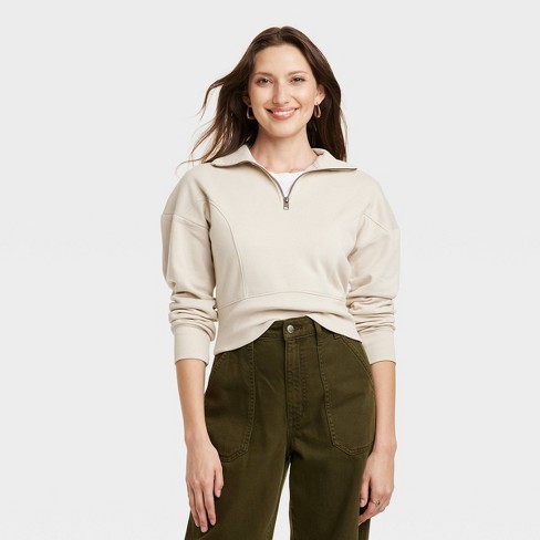 Women's Cropped Quarter Zip Sweatshirt - Universal Thread™ Tan Xl