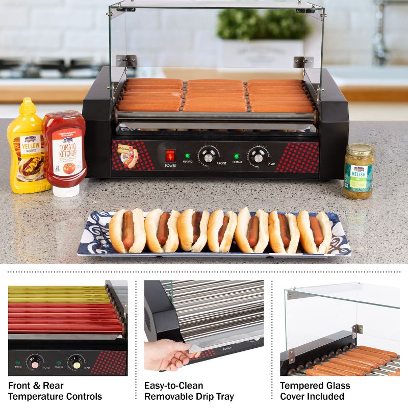 Great Northern Popcorn Hot Dog Roller Machine with Cover & Drip Tray – 1170W Stainless-Steel Cooker with 9 Rollers – 24 Hotdog Capacity Electric Grill, 4 of 13