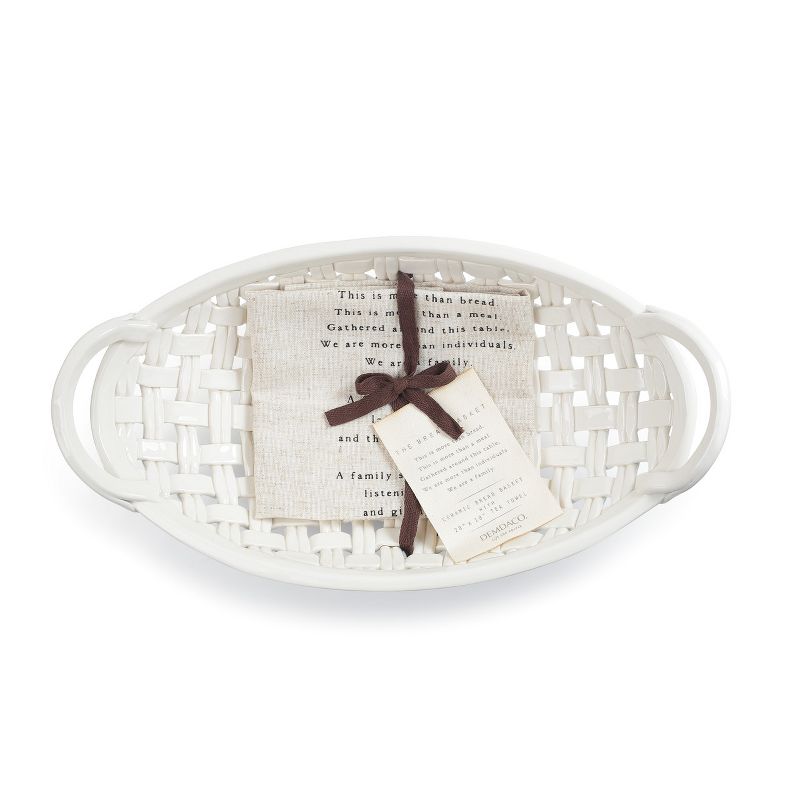 DEMDACO Ceramic Bread Basket with Towel 15 x 8 - White, 1 of 9
