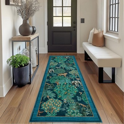Washable Floral Animal Jungle Rug Non Slip Low Pile Rug Soft Throw Floor Cover Foldable Indoor Carpet for Living Room Bedroom Playroom Nursery