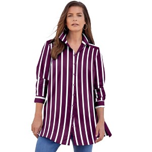 Roaman's Women's Plus Size Plus Size Kate Tunic Shirt – Long Sleeve Classic Button-Down With Flowy, Longline Fit - 1 of 4