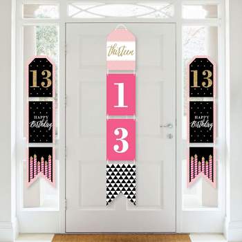 Big Dot of Happiness Chic 13th Birthday - Pink, Black & Gold - Hanging Vertical Paper Door Banners - Birthday Party Wall Decor Kit- Indoor Door Decor