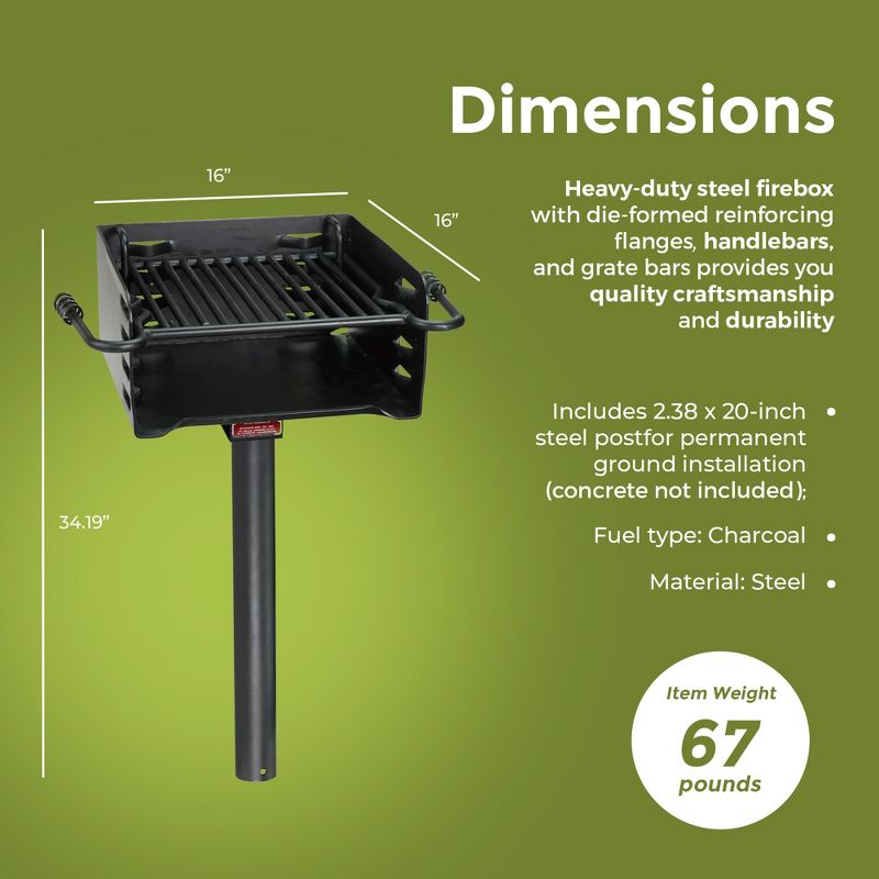 Pilot Rock H-16 B6X2 Park Style Heavy Duty Steel Outdoor BBQ Charcoal Grill with Cooking Grate & 360 Degree Swivel Post for Camping or Backyard, Black, 5 of 7