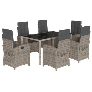 vidaXL 7 Piece Patio/Garden Dining Set - Gray Poly Rattan Chairs with Cushions, Adjustable Backrest, Tempered Glass Table - 1 of 4