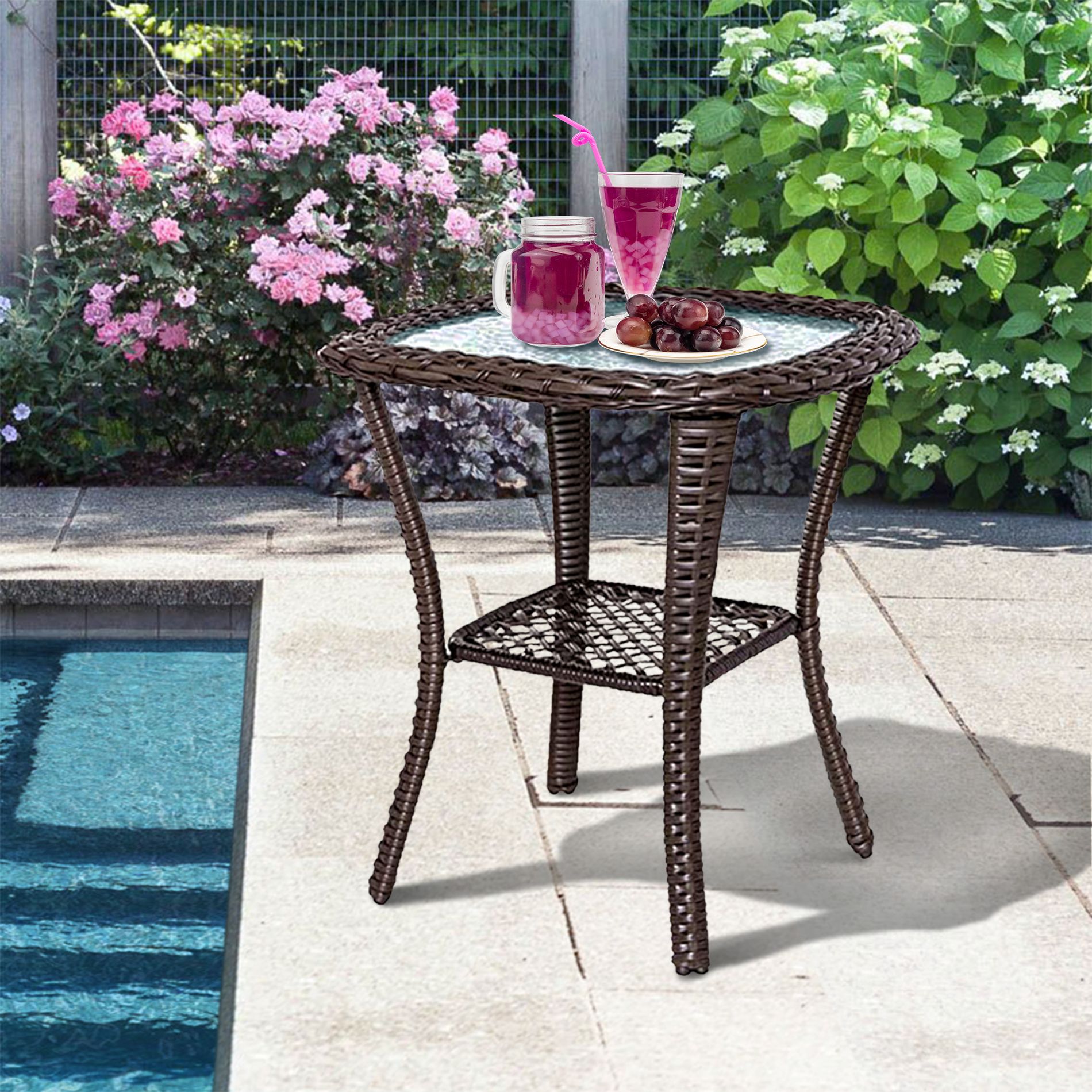 GDFStudio Neo Mid-Century Modern Steel Outdoor Square Bistro Table with Tempered Glass Top and Wicker Design, Brown