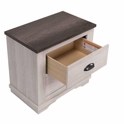 Vynxaria 1pc Contemporary Rustic Chalk Gray 2-Drawer Nightstand, Wooden Furniture (Bed Side Cabinet), Metal Hardware, Bracket Feet