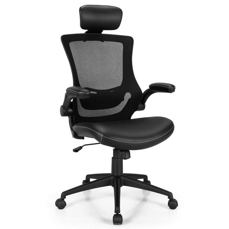 Costway Mesh Back Adjustable Swivel Office Chair w/ Flip up Arms Leather Seat, 1 of 11