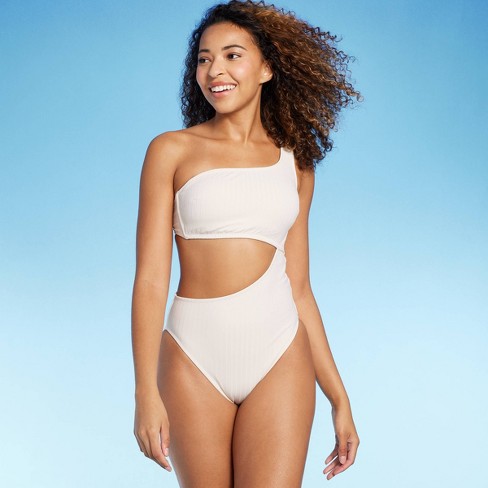 Women's Ribbed One Shoulder Cut Out One Piece Swimsuit - Shade & Shore™  Off-White S
