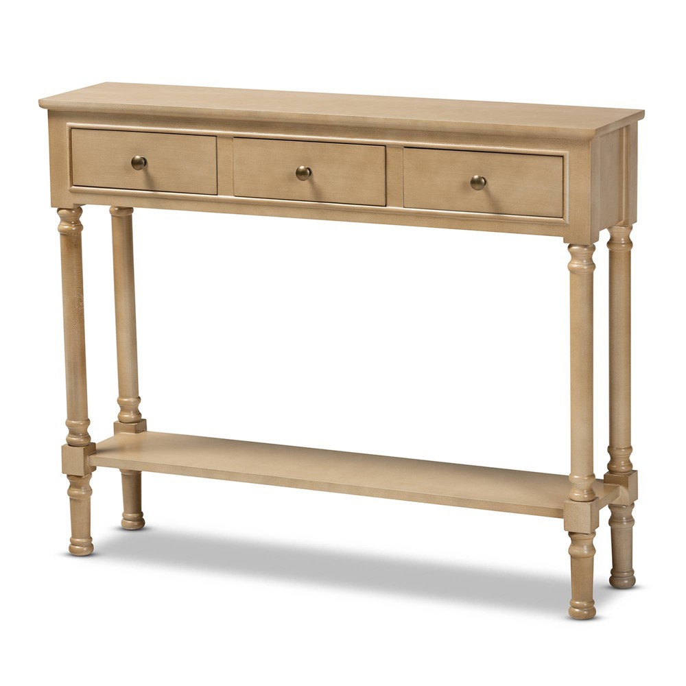 Photos - Coffee Table 3 Drawer Calvin Wood Entryway Console Table Oak Brown - Baxton Studio: Gold-Tone Knobs, Storage Shelves