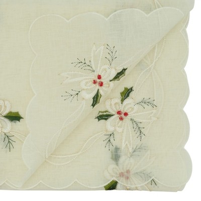 White Embroidered Holly and Ribbon Table Runner