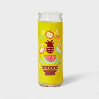 Día de Muertos 7" Ofrenda Yellow Fruit Wrapped Glass Candle