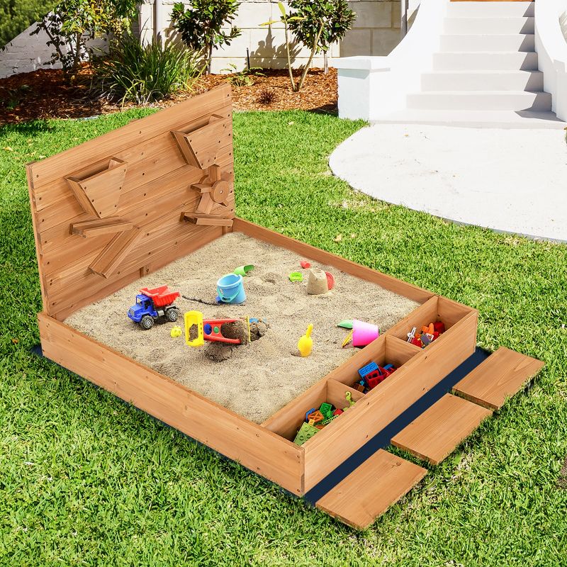 Costway Wooden Sandbox w/ Sand Wall & Cover & Bottom Liner for Kids Outdoor, 2 of 11