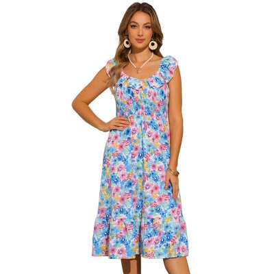 INSPIRE CHIC Women's Floral Print Midi Sleeveless Smocked Ruffle V Neck Flowy Boho Beach Dress