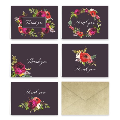 Paper Frenzy Bohemian Floral Thank You Note Card Collection with Cocoa  Shimmer Envelopes -- 25 pack