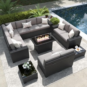 LayinSun 13 Pieces Outdoor Patio Furniture Set with 44" Fire Pit Table Rattan Sectional Sofa Conversation Sets - 1 of 4