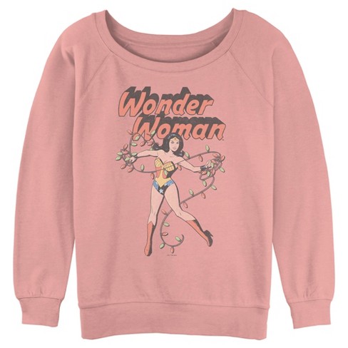 Juniors Womens Wonder Woman Christmas Lights Sweatshirt - Desert Pink - X  Large